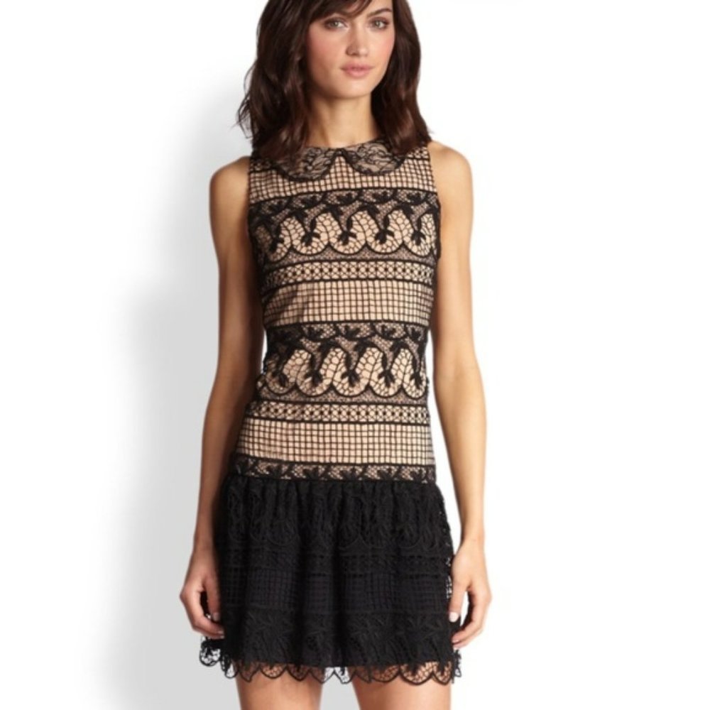 Alice & Olivia Peri Black Crochet Lace Drop Waist Mini Dress Sz 6